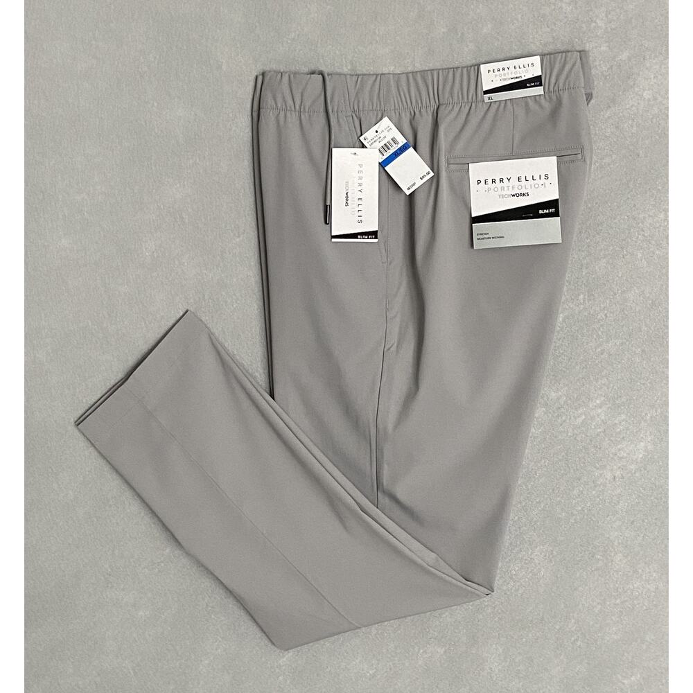 Perry Ellis Portfolio Men's XL TechWorks Pants Slim Fit Drawstring Alloy NEW